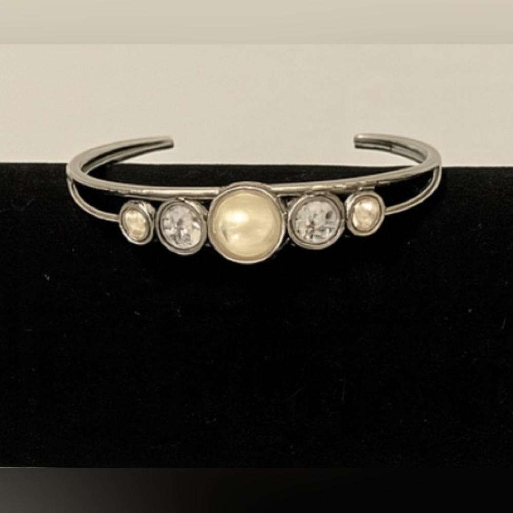Vintage Y2K Silver Tone White Pearly Rhinestone Wide Statement Bangle Bracelet